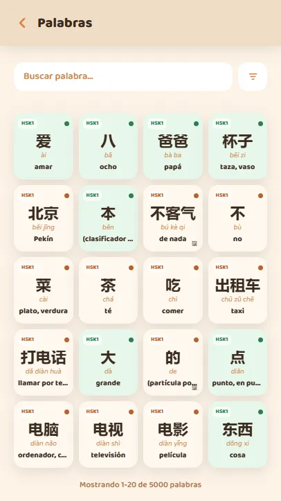 Buscador de palabras de My Chinese con resultados filtrados por nivel HSK