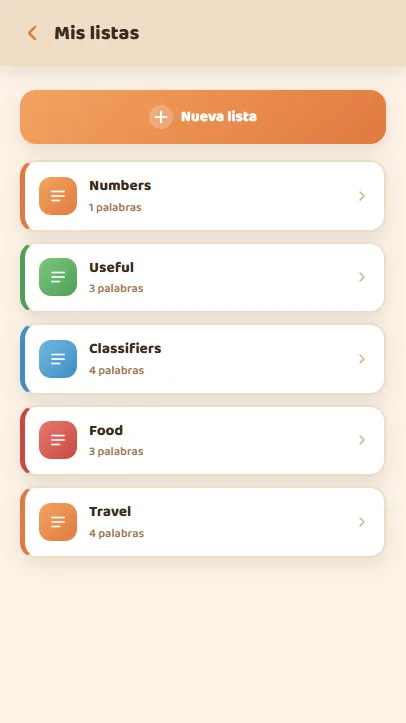 Listas propias de My Chinese con nombre y color para agrupar palabras